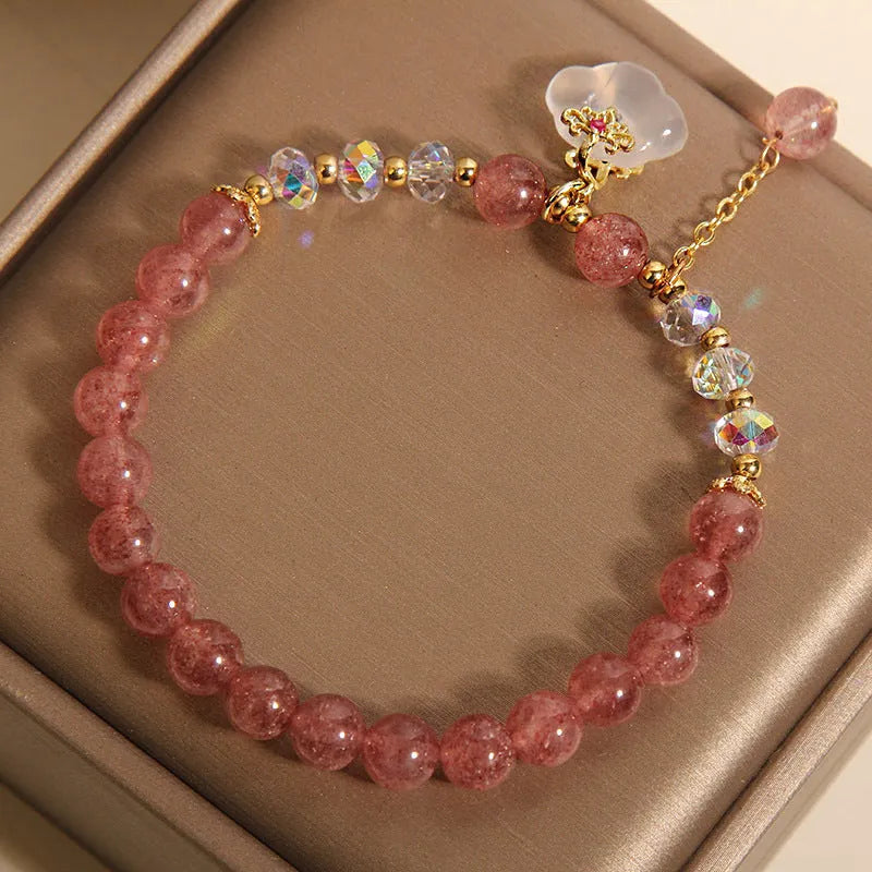 Women's natural crystal bracelet with strawberry quartz and white agate beads in auspicious clouds pattern