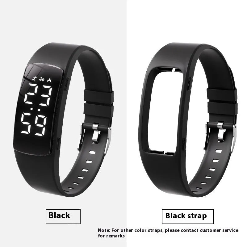 Black vibration alarm smart watch with LED display and silicone strap on a wrist.