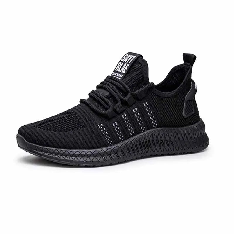 Men's low-top casual sports shoes with Flying Weave upper, cross straps on striped pattern, and flat sole.