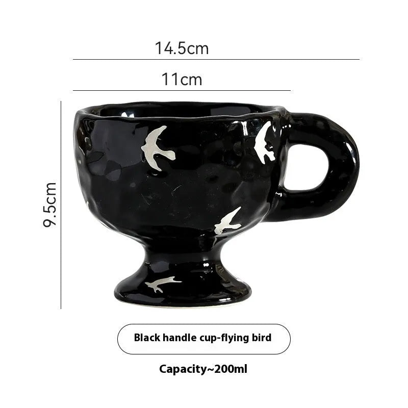 Hand-pinched irregular ceramic mug in solid colour with modern simple style, shown from side angle