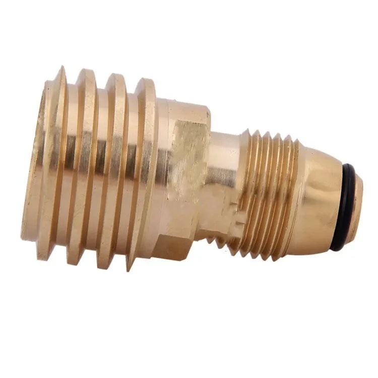 Brass gas brazier adapter with gold finish, showing taper external thread.