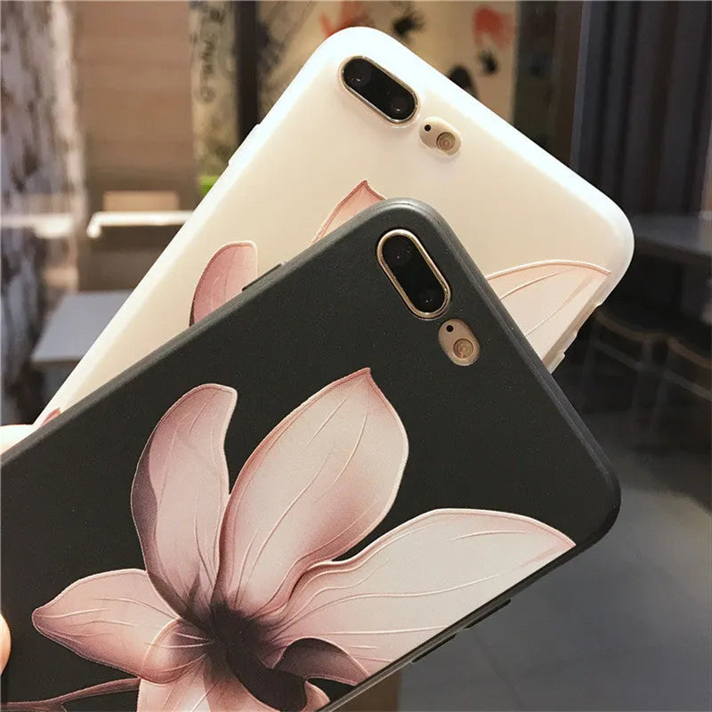 Embossed floral design TPU phone case for iPhone in black and white options