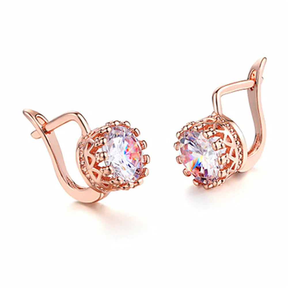 Korean retro crown-shaped clip earrings with white diamond accents in rose gold or white gold colour