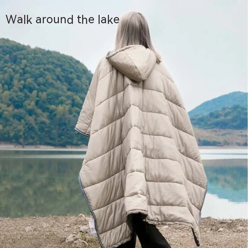 Army Green outdoor cloak sleeping bag wearable camping blanket showing cape and blanket functions