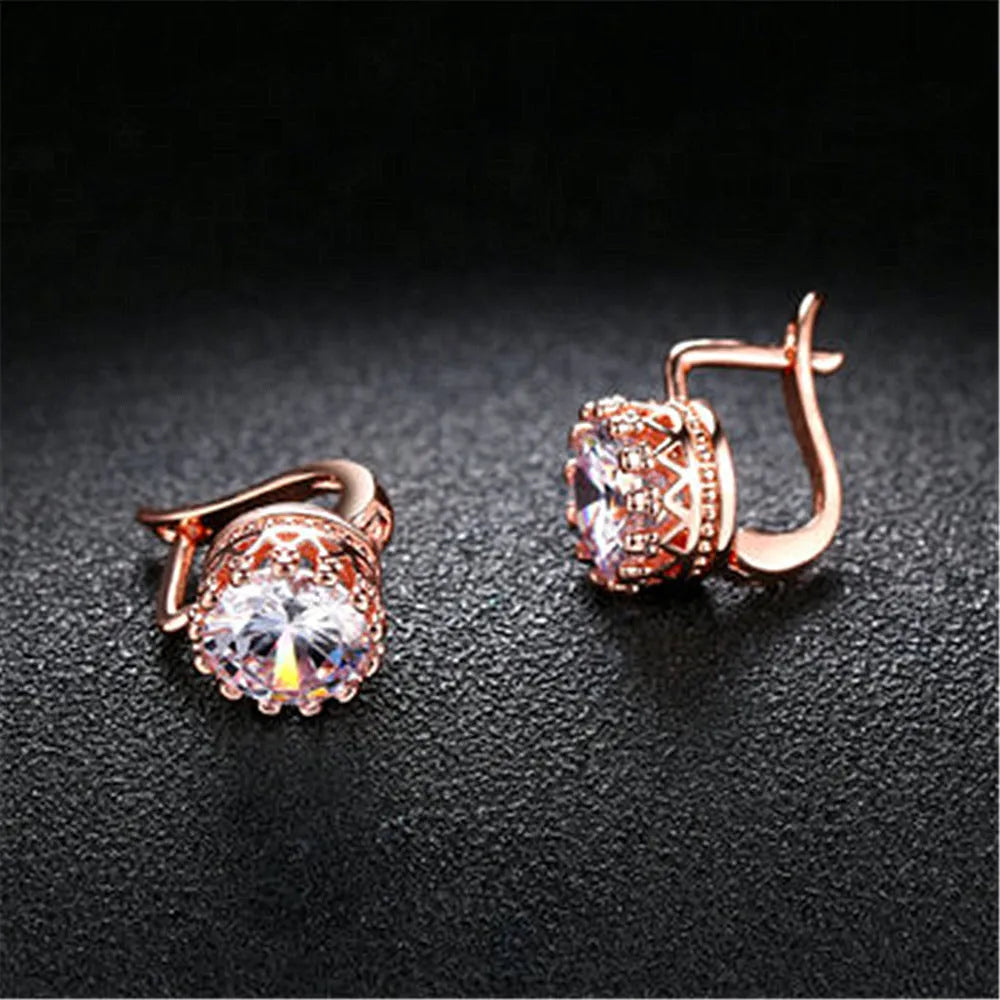 Korean retro crown-shaped clip earrings with white diamond accents in rose gold or white gold colour