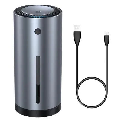 Black aluminium alloy car diffuser humidifier with USB cable for air purification and humidification.