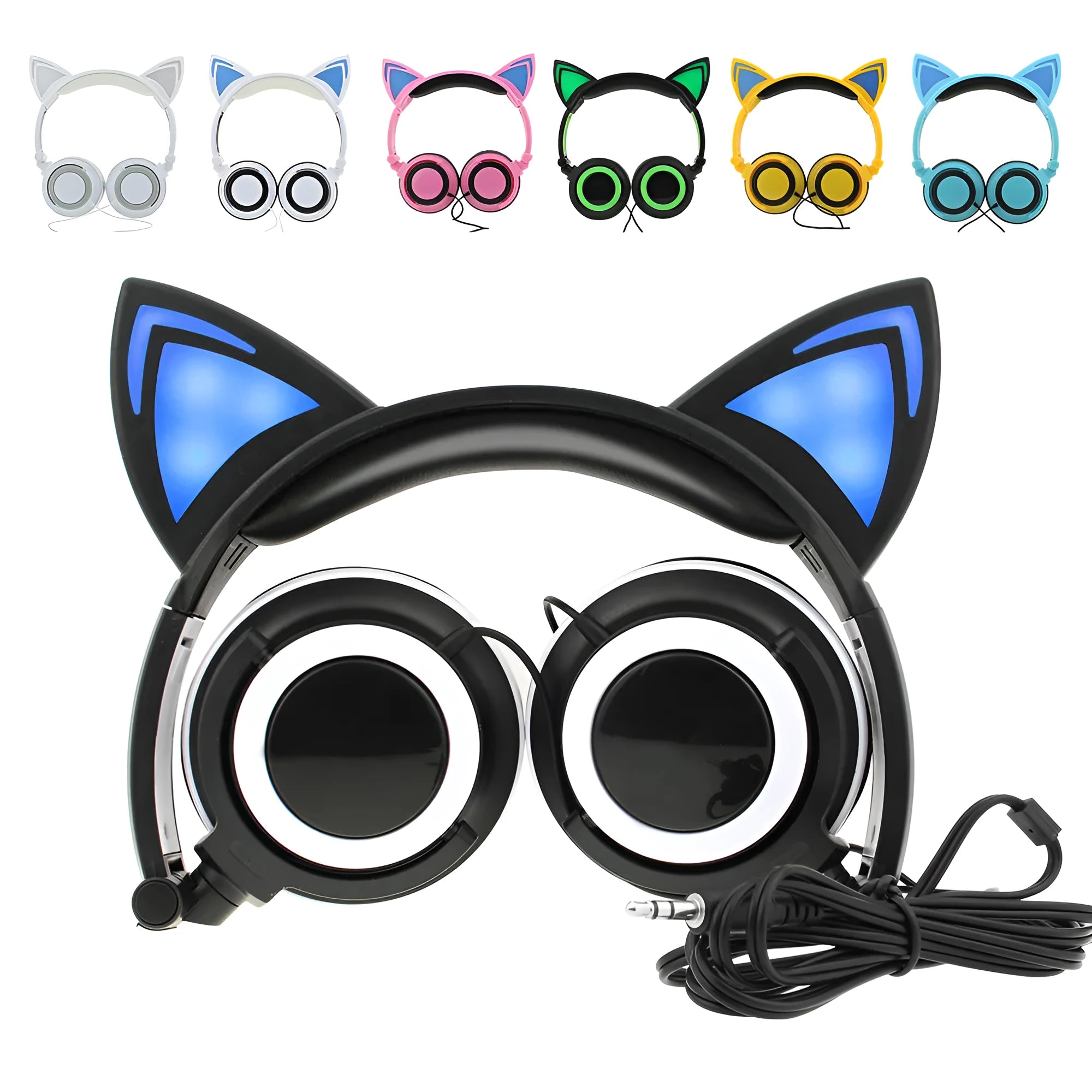 LED illuminated black cat ear headphones with soft PU earcups and a 1.5m cable showing pink and blue lighting