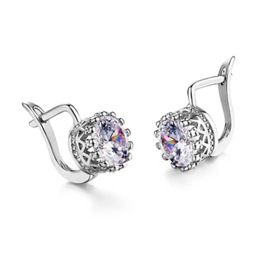 Korean retro crown-shaped clip earrings with white diamond accents in rose gold or white gold colour