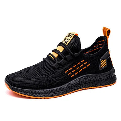 Men's low-top casual sports shoes with Flying Weave upper, cross straps on striped pattern, and flat sole.