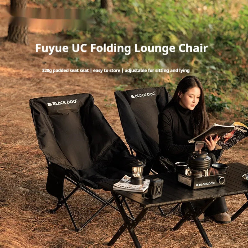 Night black portable camping recliner moon chair with Oxford cloth construction and adjustable backrest folded with carry bag