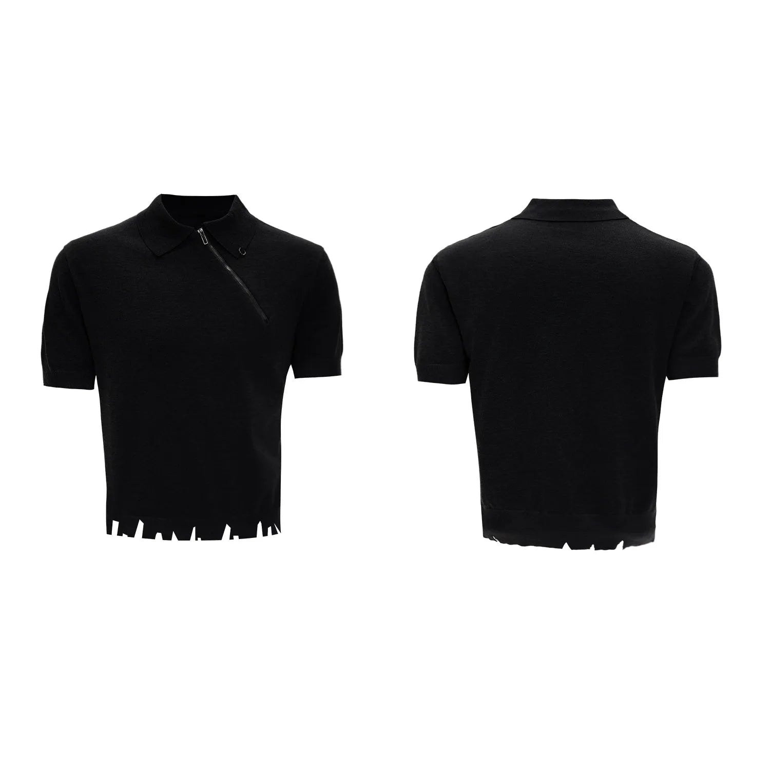 Men's black slim fit polo shirt with an oblique diagonal zip and short sleeves