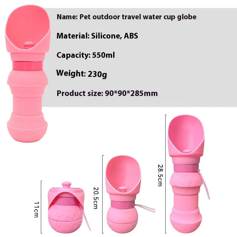Collapsible silicone pet water cup shown in folded and open positions, available in various colours.