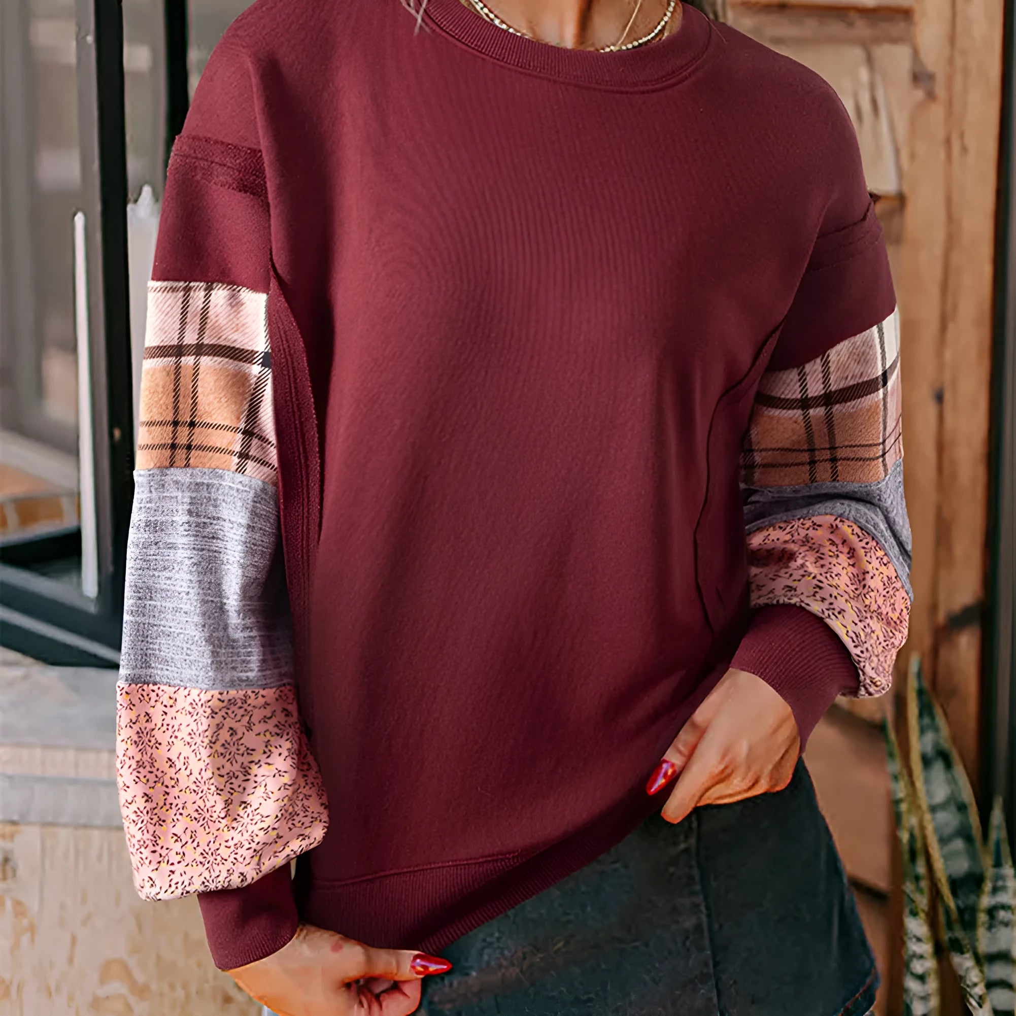 Women's plaid stitching long-sleeved loose top in apricot and red colours