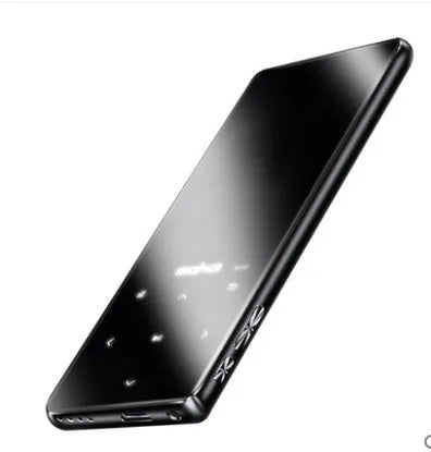 Silver portable MP3 MP4 music player with 2.4-inch touch screen showing music interface.
