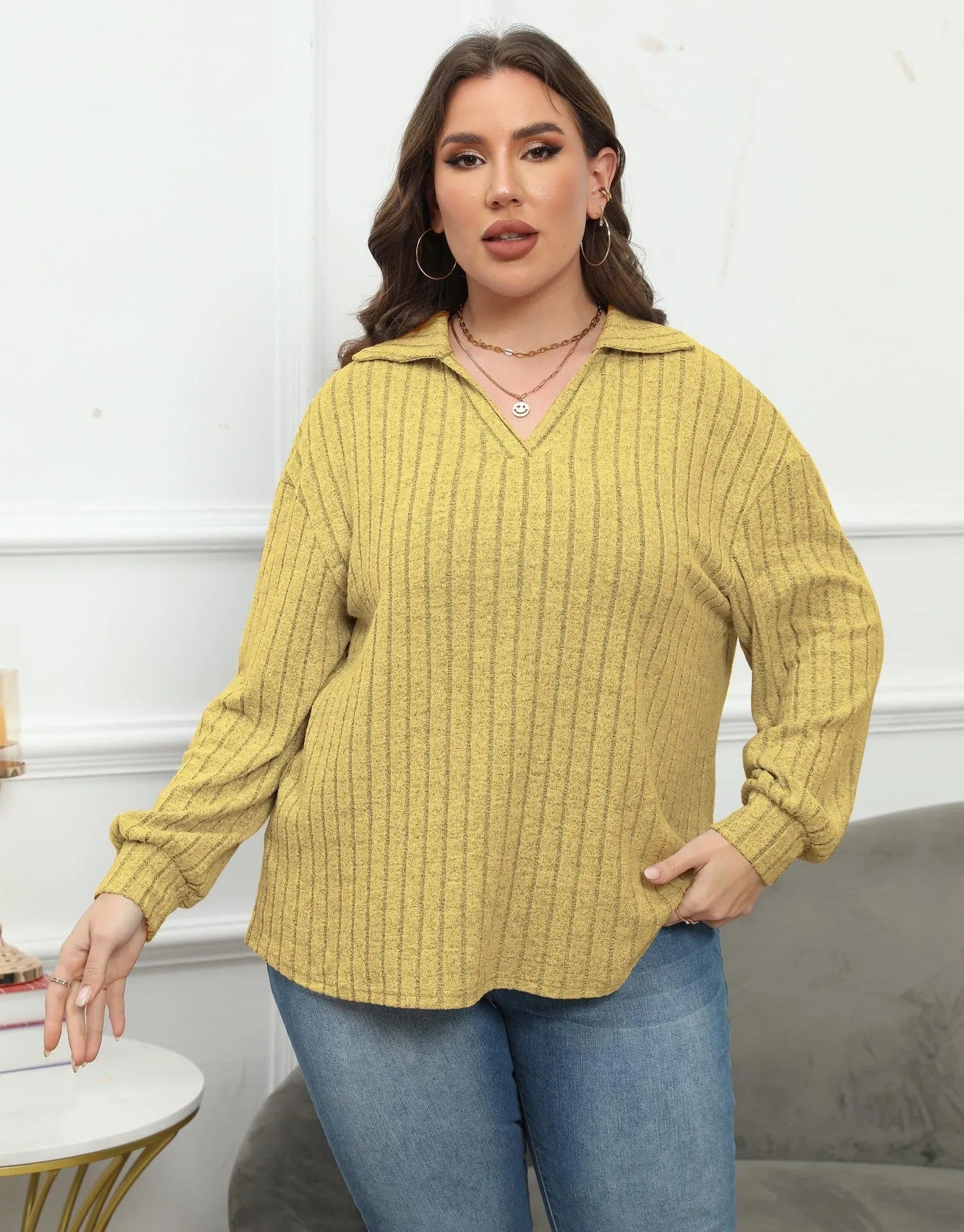 Women's plus size polo collar gothic shirt with lantern sleeves in melange gray fleece