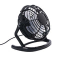 Black mini USB desk fan with adjustable head on a wooden desk next to a laptop.