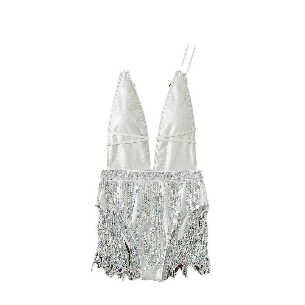 White deep V-neck one-piece swimsuit with tassel detailing and sleeveless design