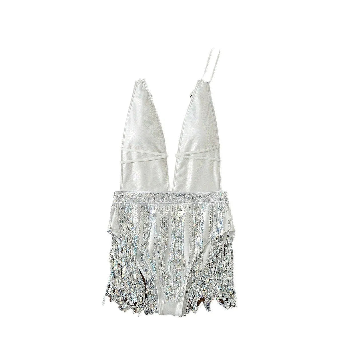 White deep V-neck one-piece swimsuit with tassel detailing and sleeveless design
