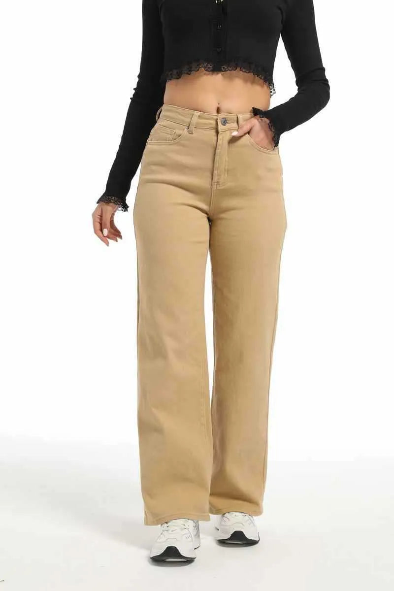 Women's apricot straight wide-leg high-waisted cotton trousers on a hanger.