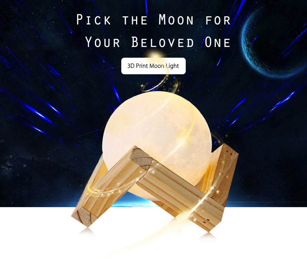 3D printed moon lamp showing detailed craters, on wooden stand with touch metal ring at base.