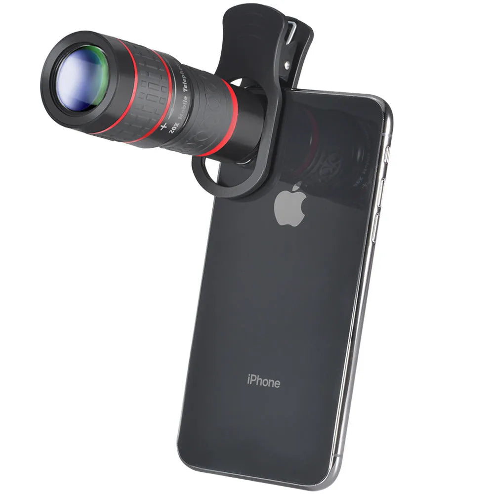20x magnification smartphone telescope lens with universal mounting clip on a mobile phone.