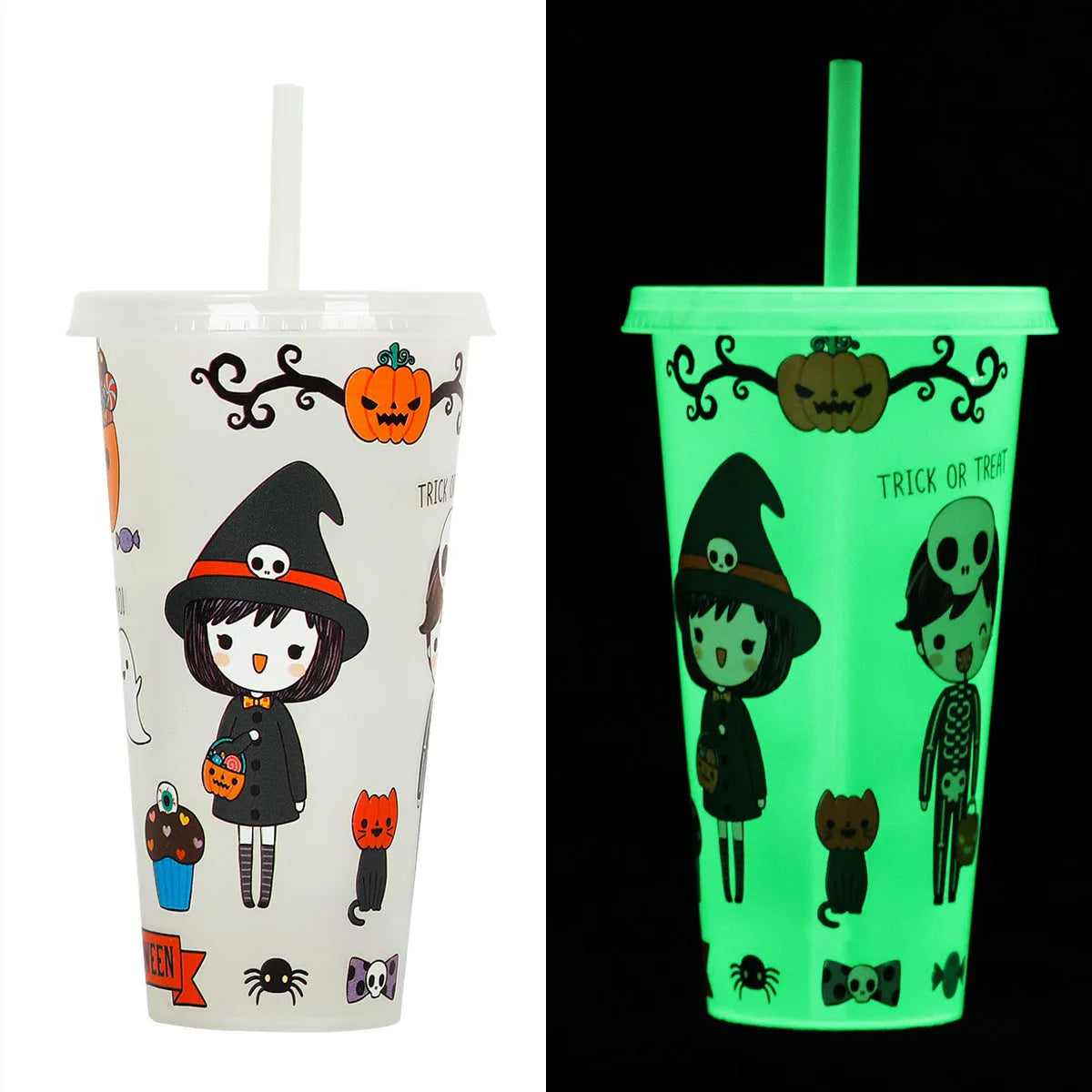 720ml Halloween-themed plastic sippy cup with luminous design and straw in cylindrical shape