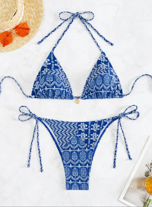 Women's split bikini swimsuit with bandage stitching in polyester fabric, available in multiple colours