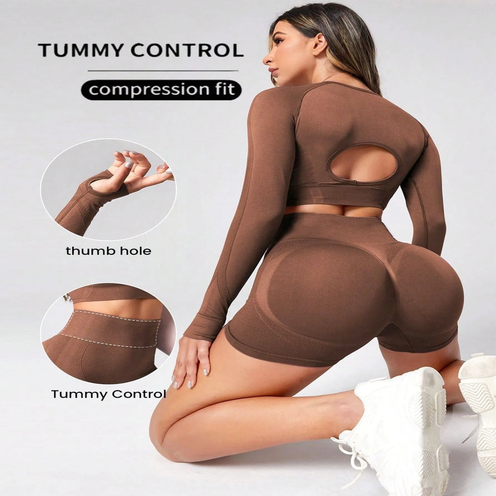 Women's black high-waisted yoga suit set with long sleeves, showing front and back view.