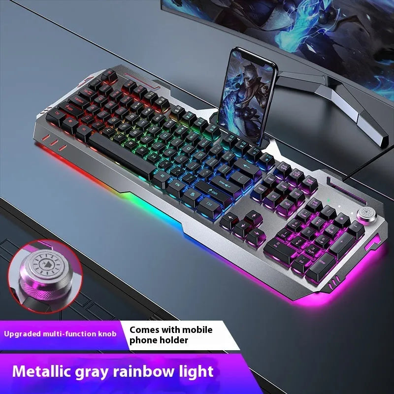 Aluminium mechanical-feel keyboard with control knob in silver black or metal grey colour with RGB lighting