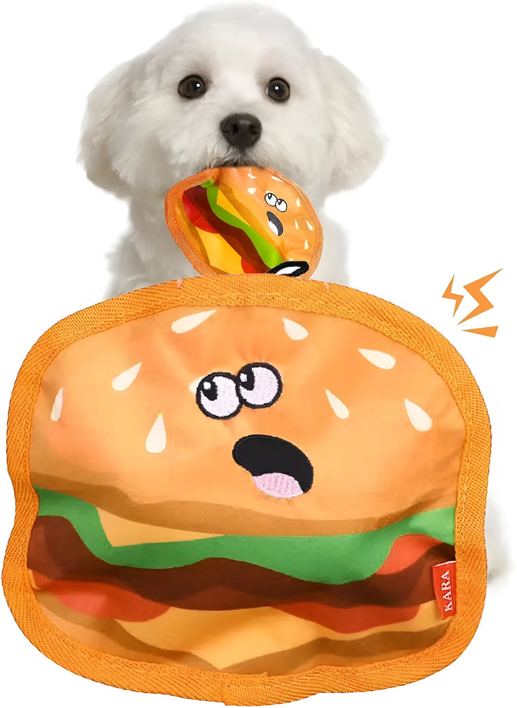 Crinkle and squeak dog toy in burger shape with no stuffing for puppies