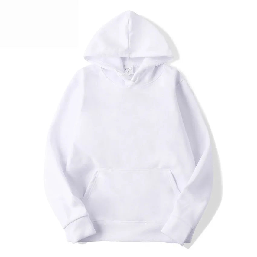 White unisex solid colour pullover hoodie with long sleeves and a hood on a hanger.