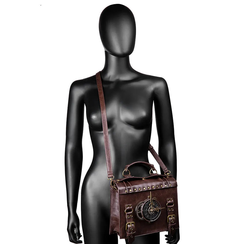 Bronze steampunk retro pillow shoulder bag with square shape and metal hardware.