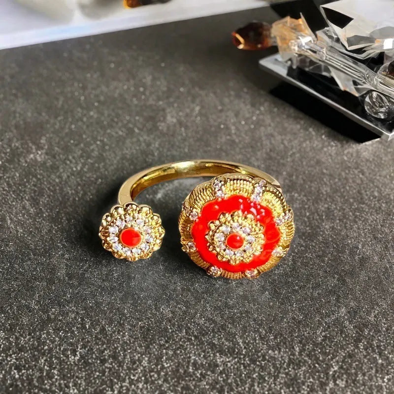 Adjustable copper gourd ring with flower and bow design in New Chinese style featuring inlaid zircon stones