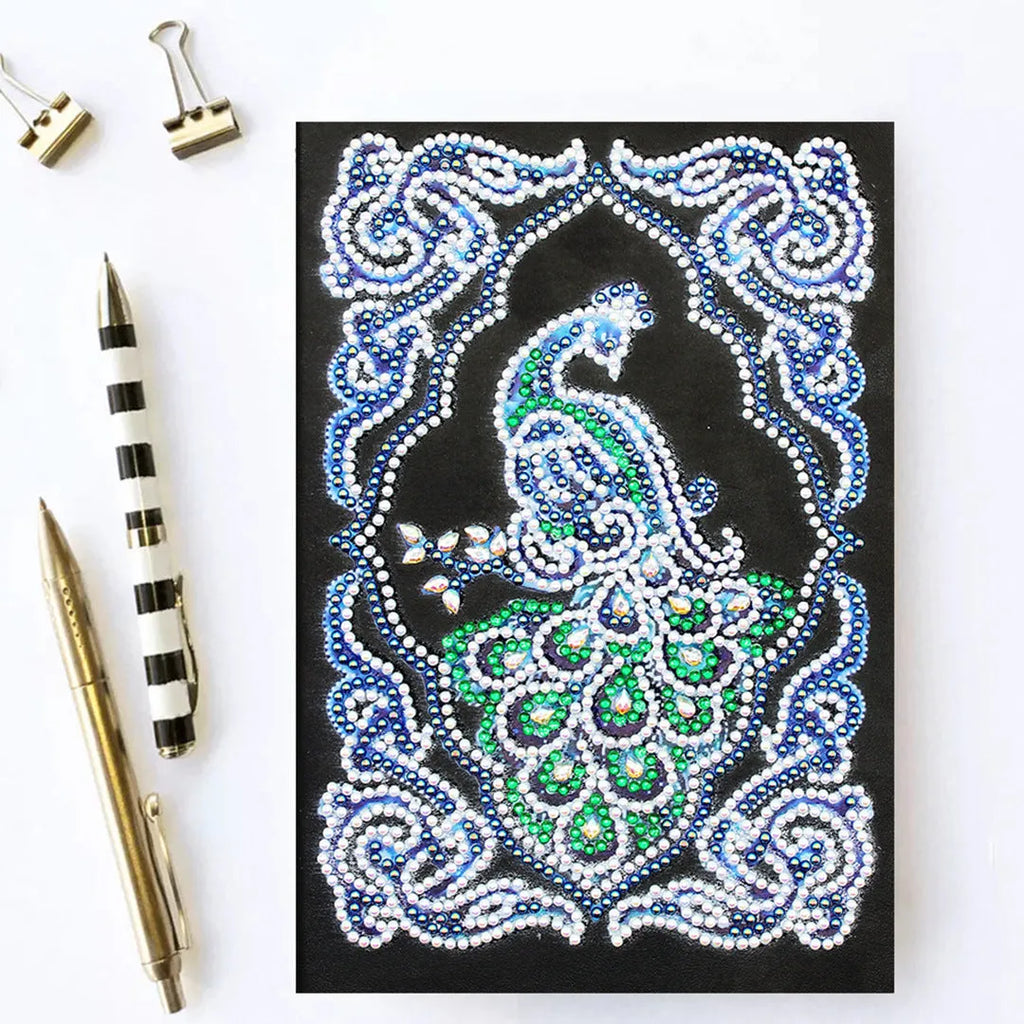 Black A5 diamond painting notebook with peacock design, shaped drills, and OPP packaging