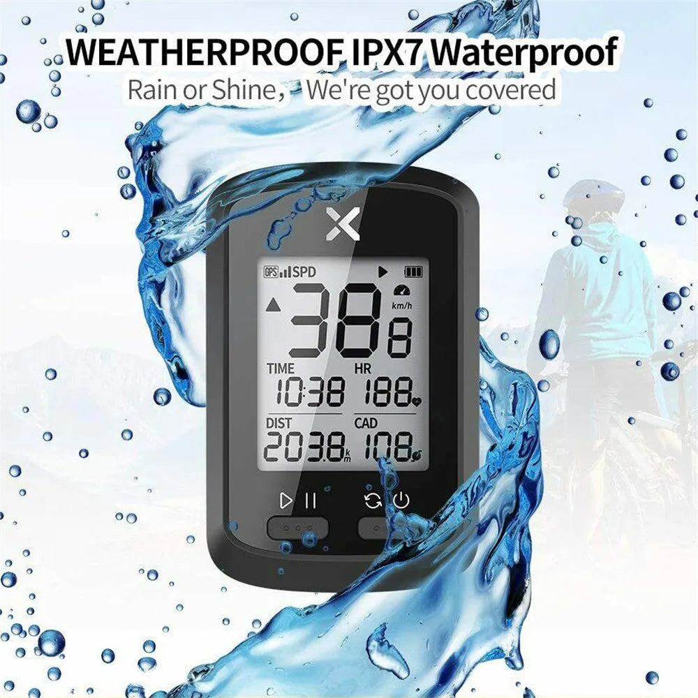 Black plastic waterproof digital stopwatch for bicycle riding on handlebars.