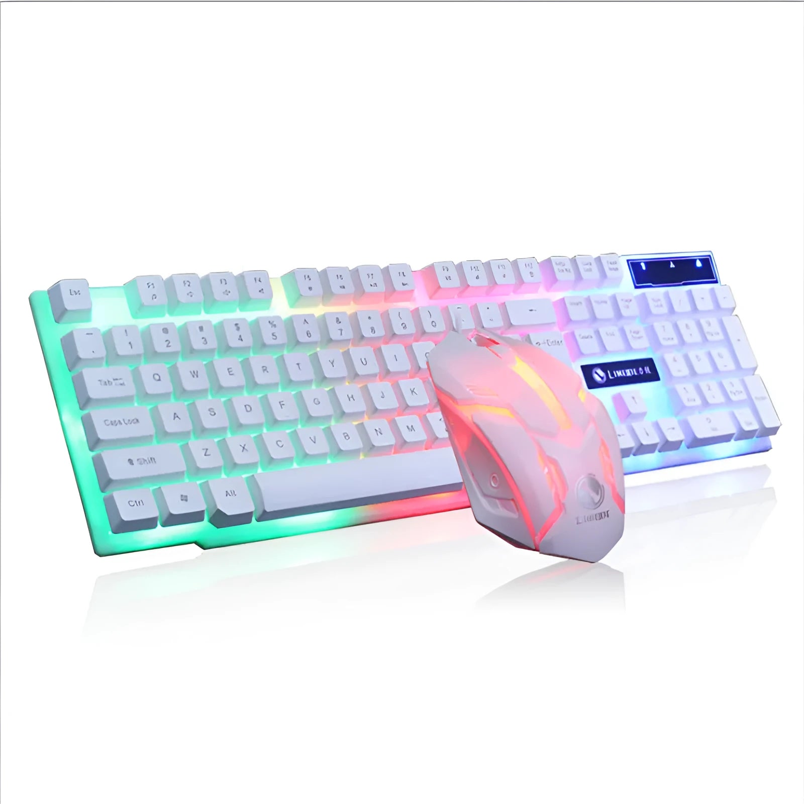 Limei GTX300 black and white gaming keyboard and mouse set with backlit keys on desktop
