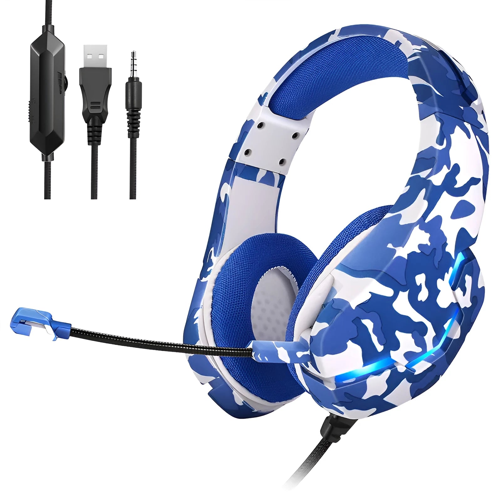 Wired gaming headset with cloth earmuffs and braided cable in camouflage blue or white with 3.5mm plug and adapter