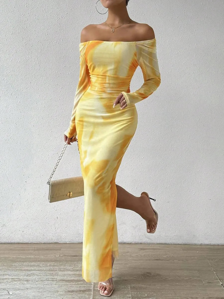 Women's printed pleated fishtail dress with square collar in gradient colour