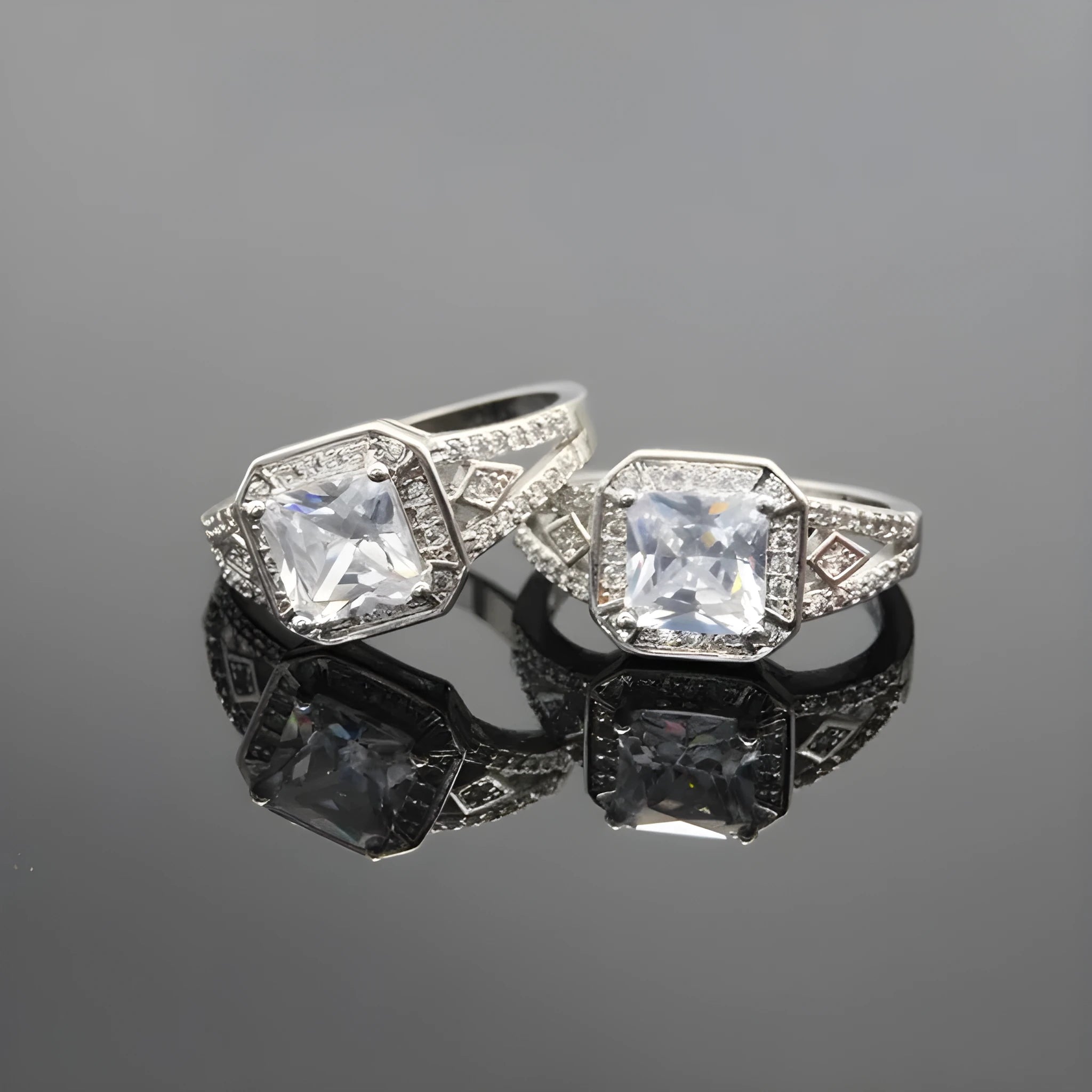Women's geometric zircon ring with hollow design and platinum colour plating