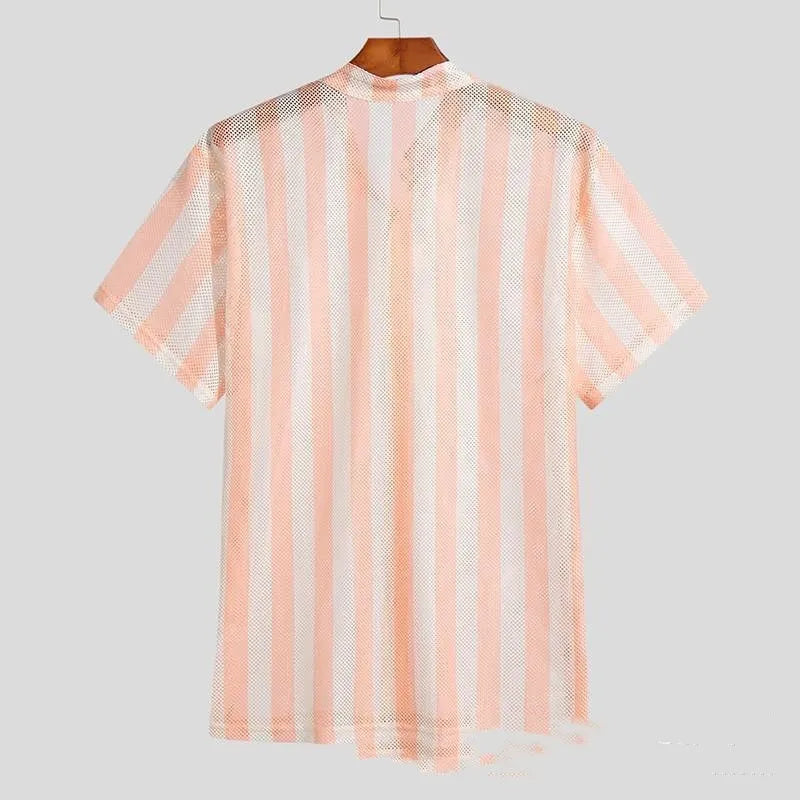 Pink men's loose-fit waffle knit short sleeve cardigan shirt on a hanger