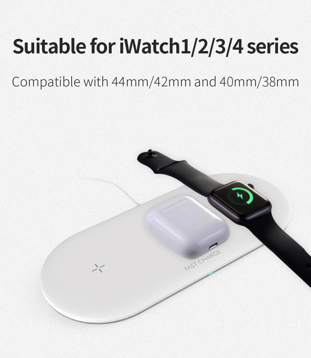 Black three-in-one wireless charging station for iPhone, Apple Watch and headphones on a desk.