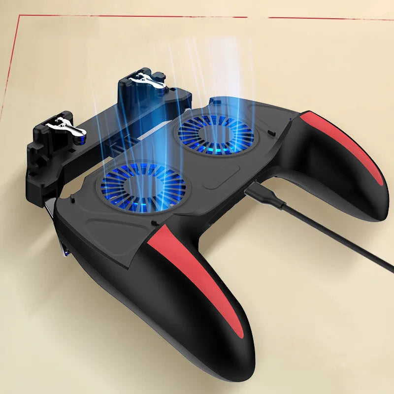 H10 mobile phone game cooling controller with touch screen, shown attached to a smartphone.