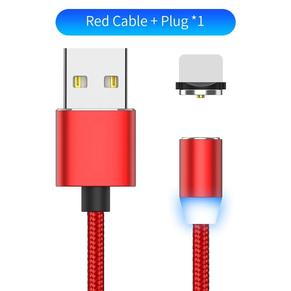 YBD black and red braided magnetic charging cable with Lightning, Micro USB, and Type-C connectors on a table.