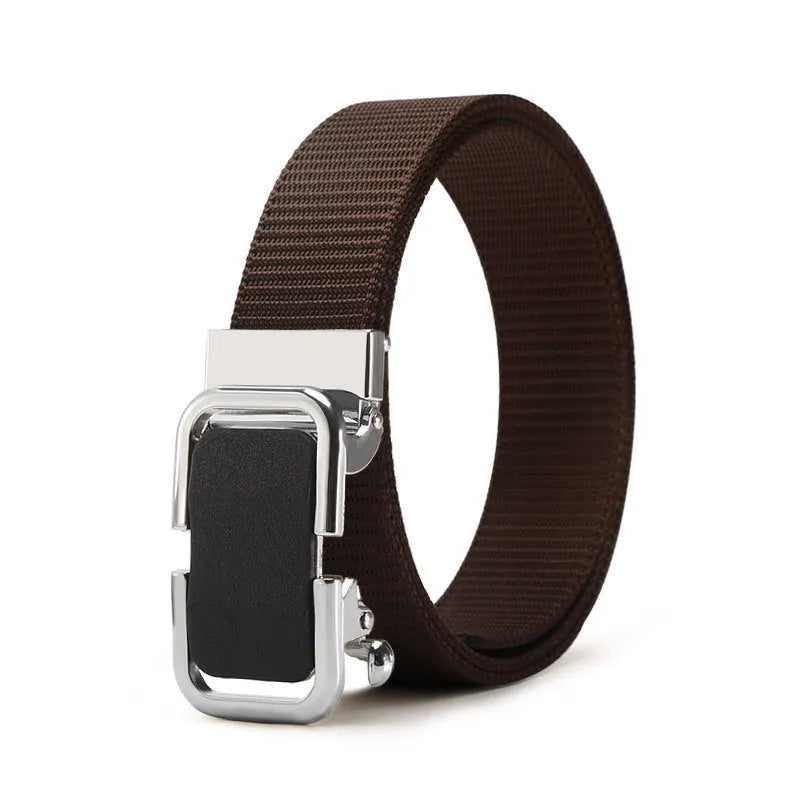 Men's navy blue nylon canvas belt with a silver alloy toothless buckle on a 120cm strap.