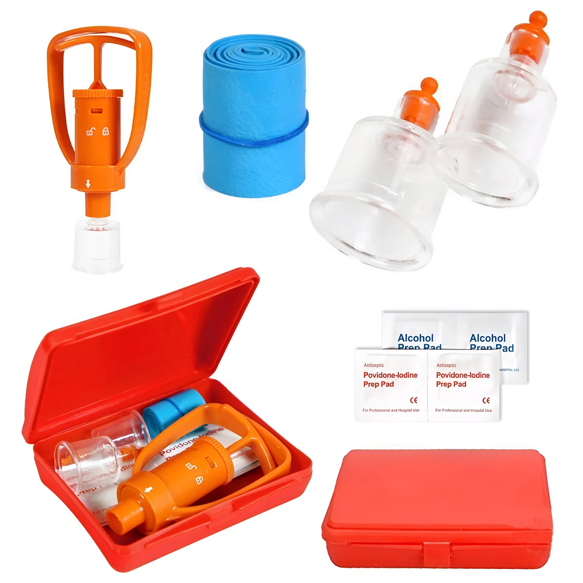 Orange portable venom extractor suction device first aid kit open to show pump, two suction cups, and accessories.