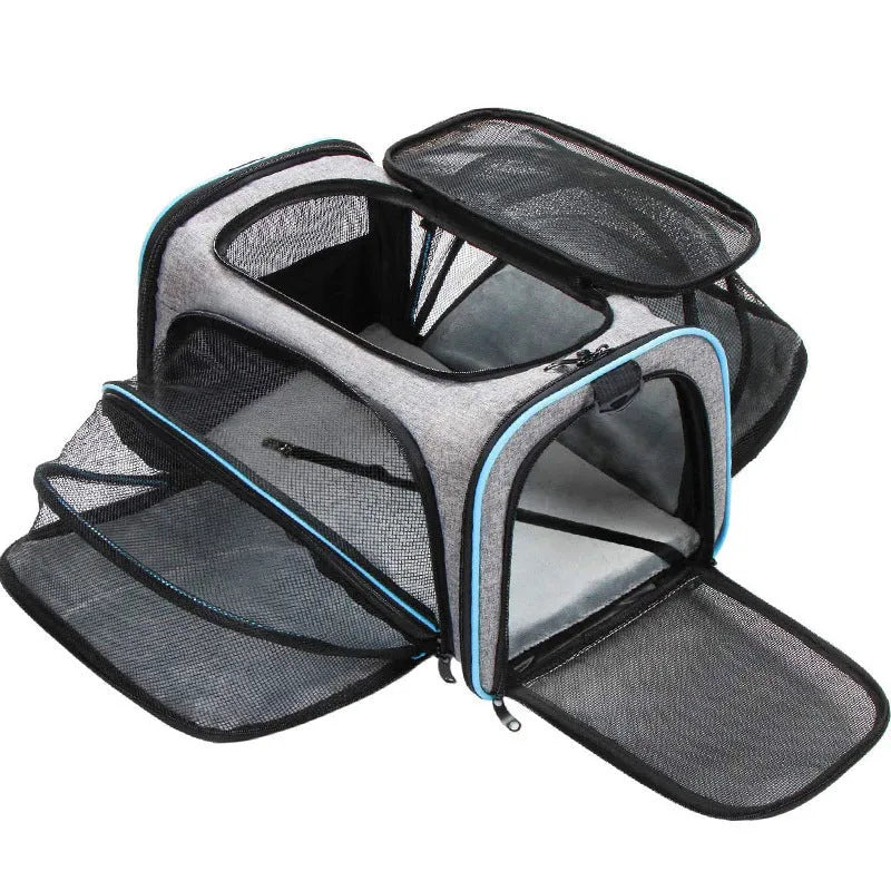 Cat carrier bag in black with red piping made from 600D cation fabric showing portable design