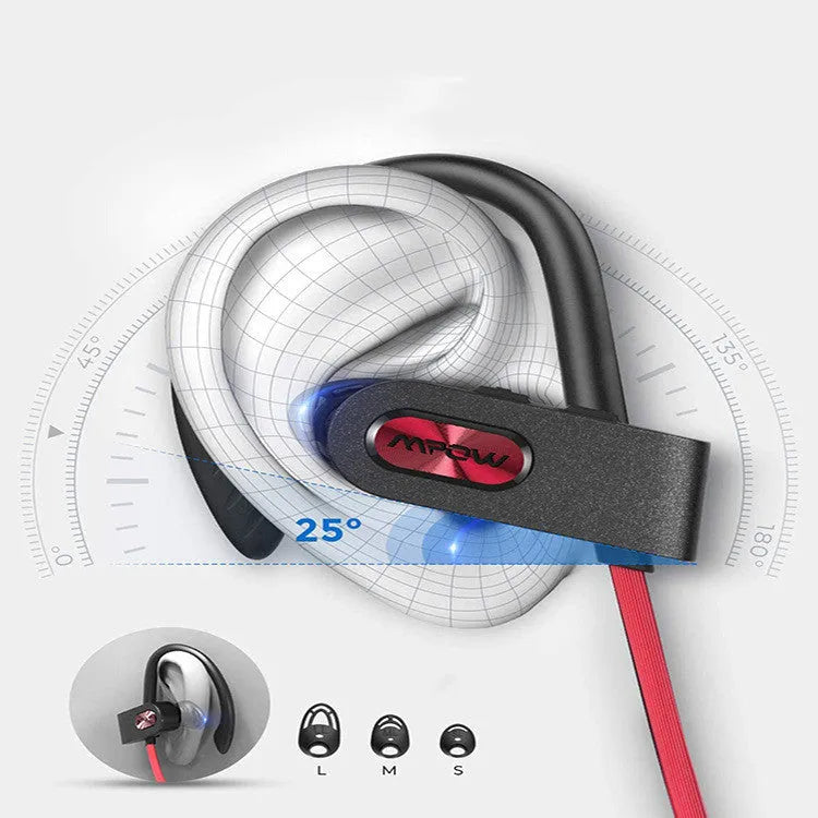 Red hanging ear Bluetooth wireless headset shown from the side, with a black variant also visible.
