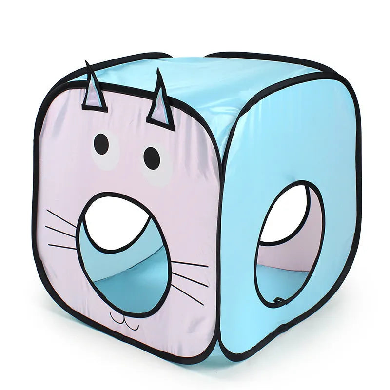Foldable pet tent and tunnel set with cat and fish design for indoor cat play