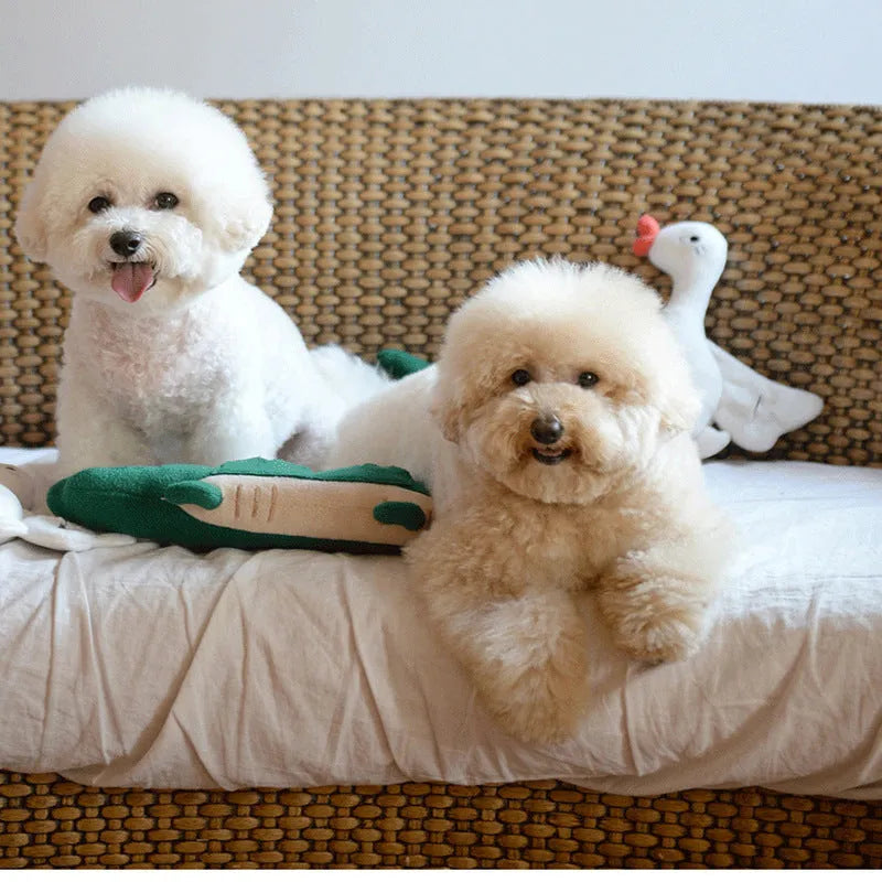 Green plush toy dog measuring 35cm long by 18cm high for interactive pet play