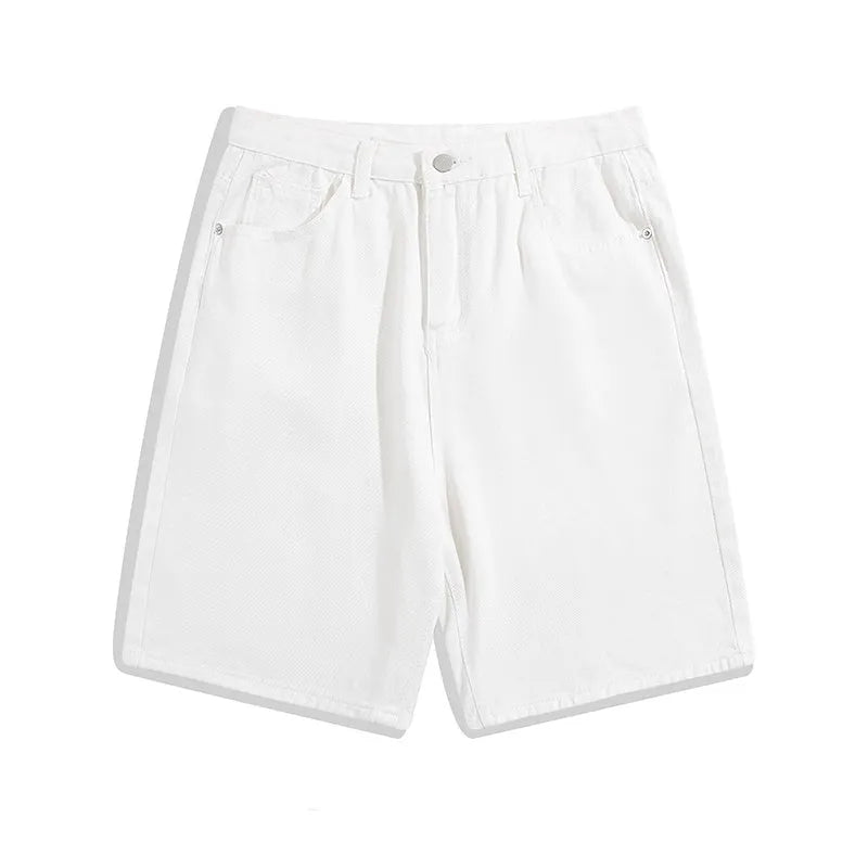 Men's light blue denim shorts with a straight-leg cut and zip fly, laid flat